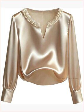 Elegant Satin Blouse V Neck Pearl Beaded Long Sleeve Dressy Casual Top